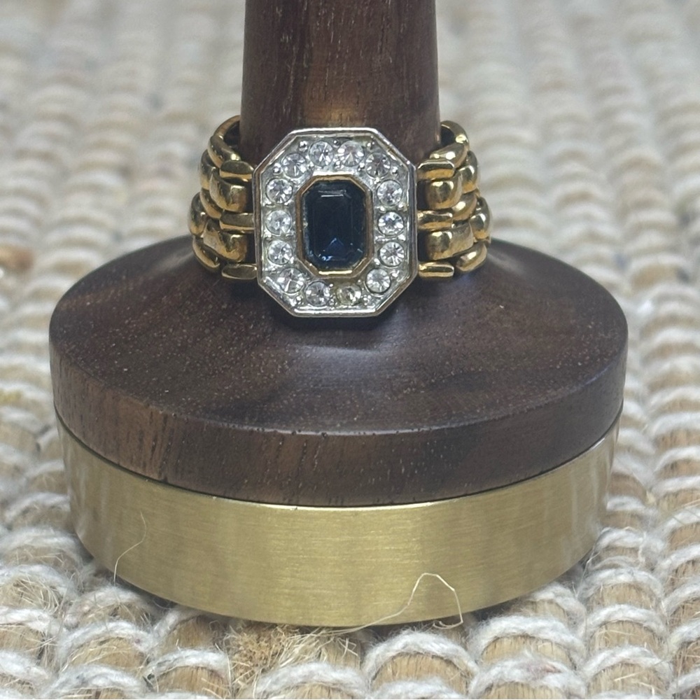 Emerald Cut Faux Sapphire CZ Gold Tone Chain Link Costume Ring Women’s Size 9